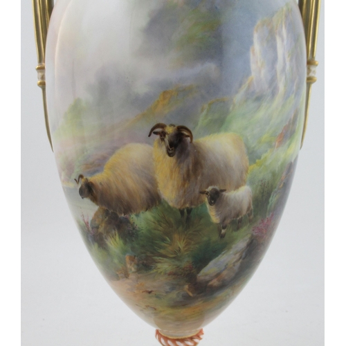 530 - A large two handled Royal Worcester covered vase, fully painted with sheep in a Highland landscape w... 