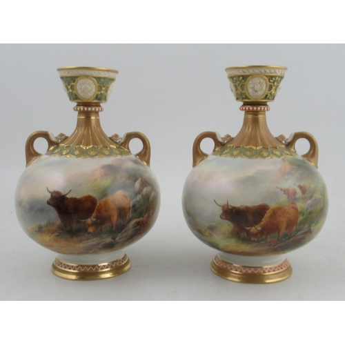 531 - A pair of Royal Worcester bulbous vases, decorated with Highland cattle in landscape by Harry Stinto... 