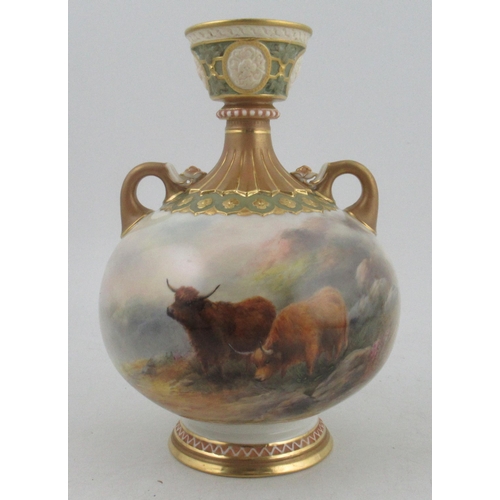 531 - A pair of Royal Worcester bulbous vases, decorated with Highland cattle in landscape by Harry Stinto... 