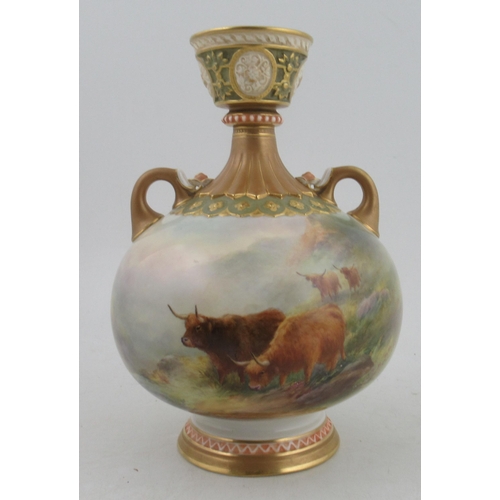 531 - A pair of Royal Worcester bulbous vases, decorated with Highland cattle in landscape by Harry Stinto... 