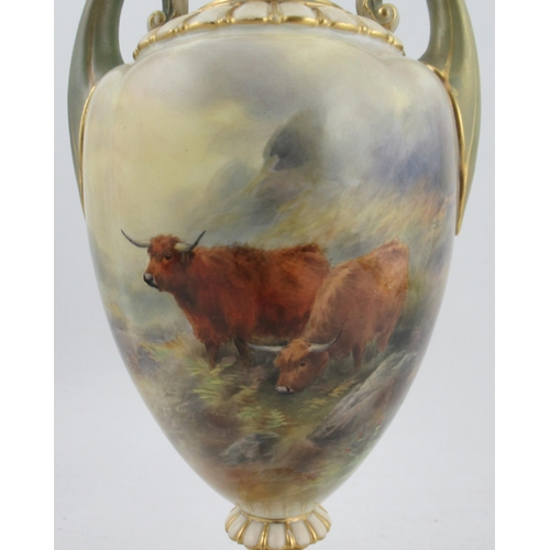 533 - A Royal Worcester covered vase, fully painted with Highland cattle by John Stinton, shape number H31... 