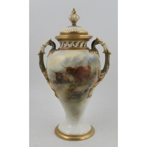 534 - A Royal Worcester covered vase, decorated with Highland cattle in landscape by John Stinton, with a ... 