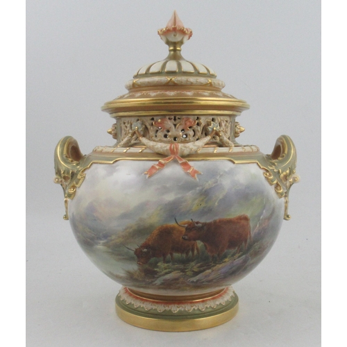 535 - A Royal Worcester Bow piece, fully painted with Highland cattle in landscape by Stinton, shape numbe... 