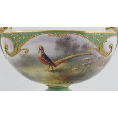 536 - A Royal Worcester Hadley's garniture, comprising a boat shaped centre piece, fully painted with phea... 