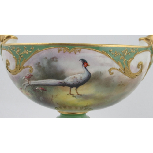 536 - A Royal Worcester Hadley's garniture, comprising a boat shaped centre piece, fully painted with phea... 