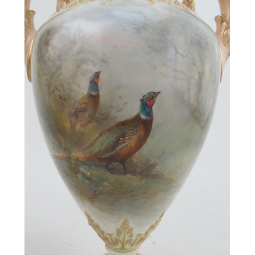 537 - A pair of Royal Worcester covered vases, decorated with pheasants in a landscape by James Stinton, s... 