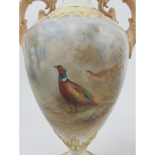 537 - A pair of Royal Worcester covered vases, decorated with pheasants in a landscape by James Stinton, s... 