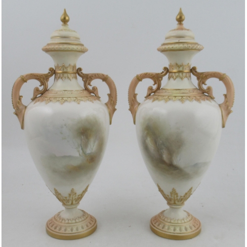 537 - A pair of Royal Worcester covered vases, decorated with pheasants in a landscape by James Stinton, s... 