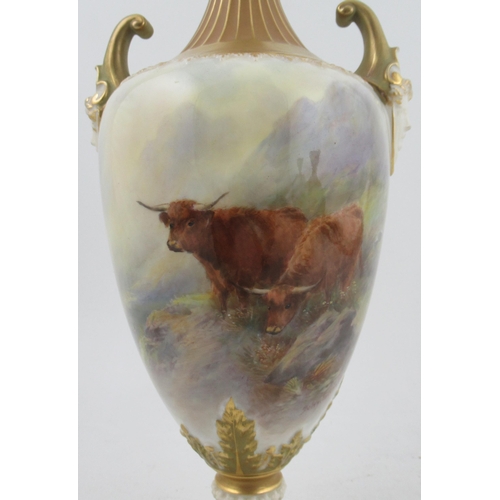 538 - A Royal Worcester covered vase, decorated with Highland cattle in landscape by John Stinton, with a ... 