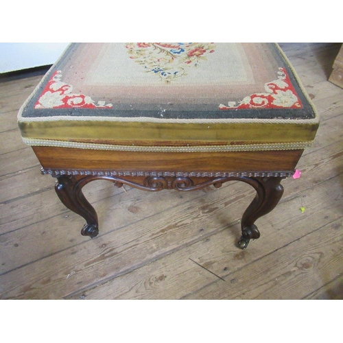 68 - A late 19th century mahogany duet piano stool with raising lid for music and raised on cabriole legs... 