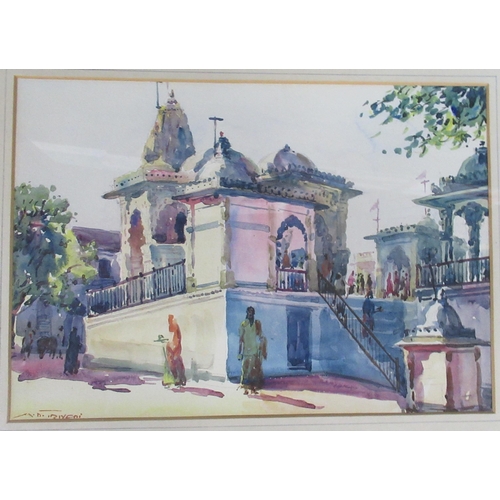 100 - Five watercolours, Eastern scenes including figures walking through a town with monument beyond 12.5... 