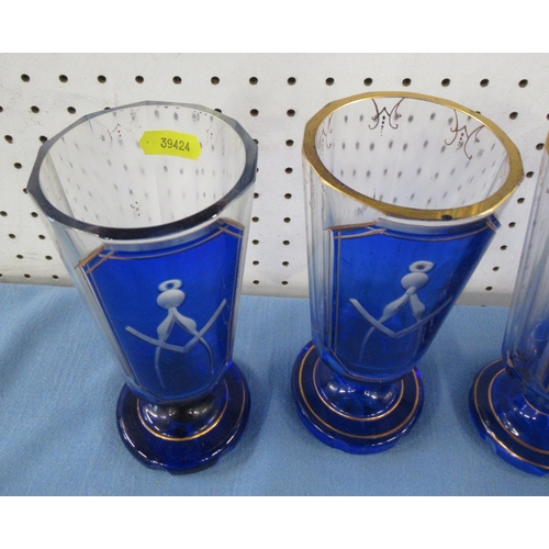 120 - Five Masonic flash glass glasses, decorated in blue and clear glass with gilded symbols