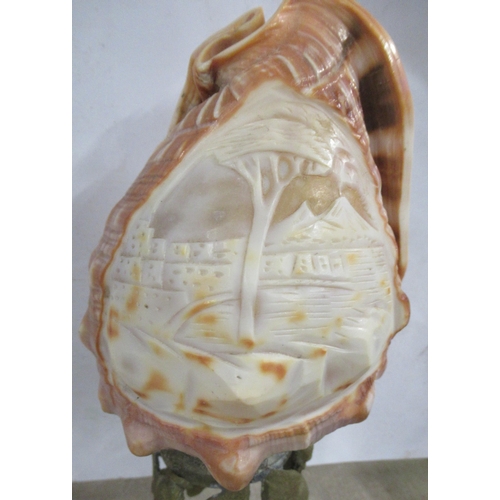 145 - A carved shell, decorated with a landscape, on a gilt metal stand, height 8.5ins