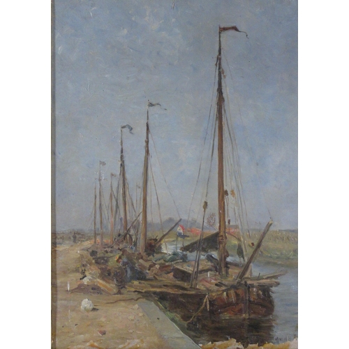 177 - An Antique oil on canvas, French dock scene with sailing boats, 18ins x 12.5ins