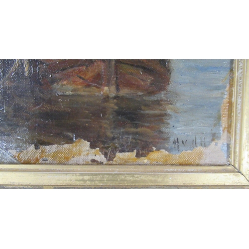 177 - An Antique oil on canvas, French dock scene with sailing boats, 18ins x 12.5ins