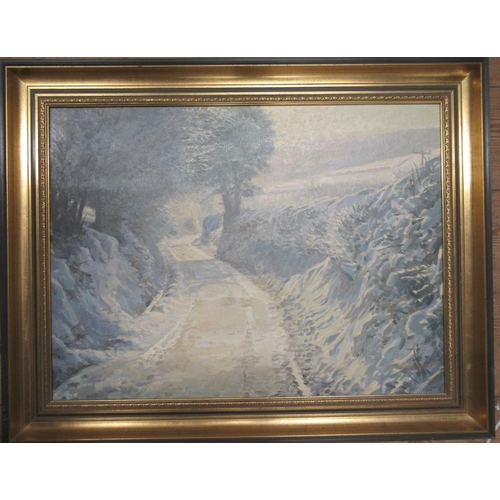 185 - Noel Shepherdson, oil on canvas, Snow in the Lane, 18ins x 23ins, together with Valerie Briggs, wate... 