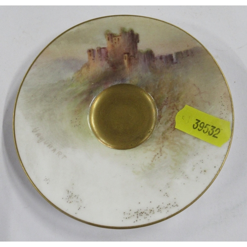 215 - A Royal Worcester miniature cabinet cup and saucer, decorated with a view of a castle, the saucer si... 