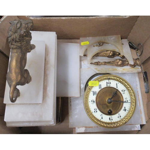 250 - A brass clock garniture, together with a marble mantel clock, both in pieces