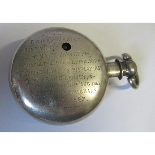 258 - A 19th century silver pair case pocket watch, with inscription for the Harvey family who sailed to B... 