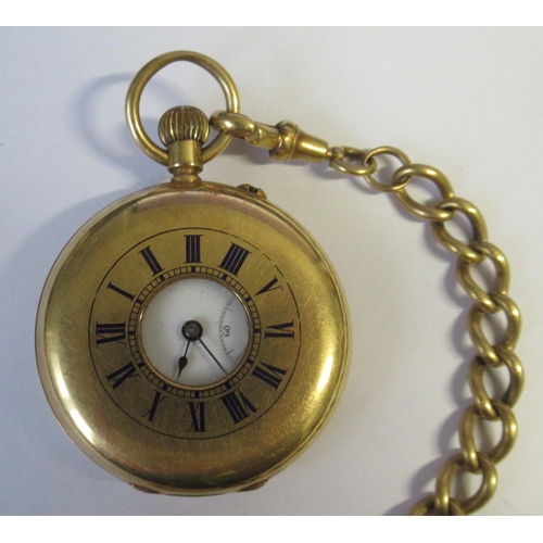 259 - An 18k gold half hunter pocket watch, together with an 18ct gold chain, with T bar, total weight 77.... 