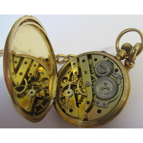 259 - An 18k gold half hunter pocket watch, together with an 18ct gold chain, with T bar, total weight 77.... 