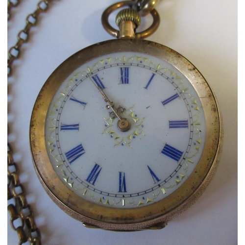 261 - A 14K cased gold cased ladies open face pocket watch, weight 46g, together with gold plated watch ch... 