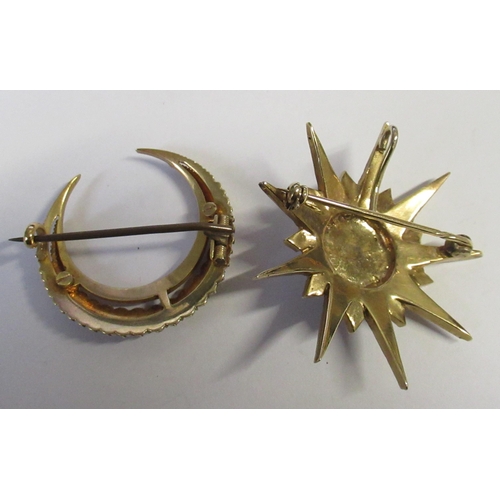 274 - A pearl set star brooch, together with a pearl set crescent brooch, both in yellow metal