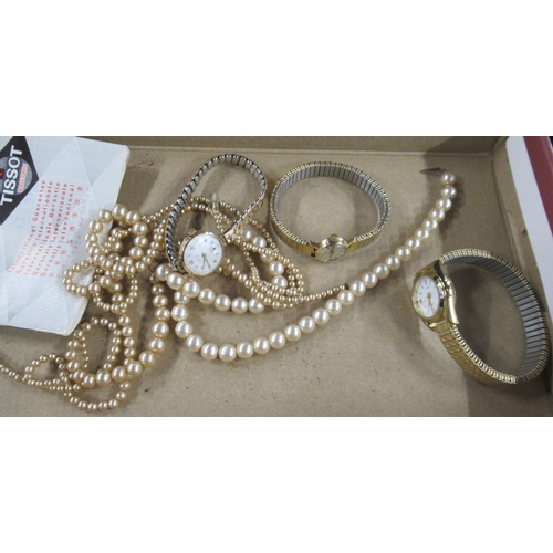 285 - Three gilt wrist watches and bead necklaces