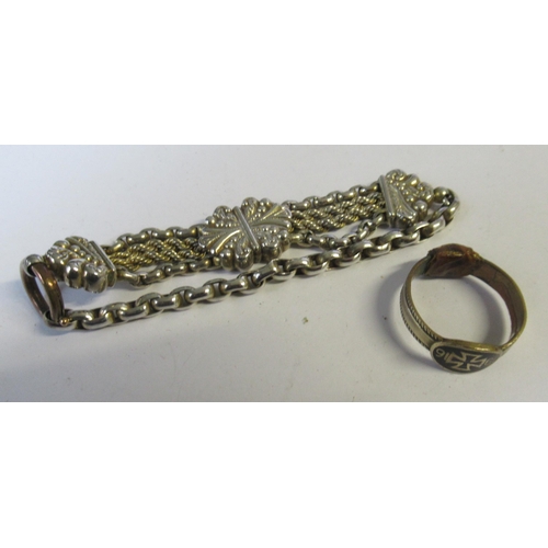 293 - A Victorian white metal watch chain bracelet, together with a yellow metal ring, the oval head with ... 