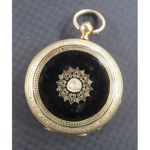 303 - An 18k gold and enamel ladies fob watch, set with a diamond, total weight 25.1g, together with a wat... 