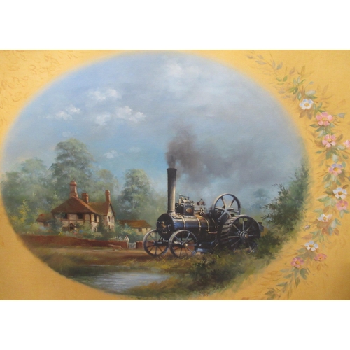 358 - Weston, oil on canvas, oval landscape with traction engine, to a yellow background with flower garla... 