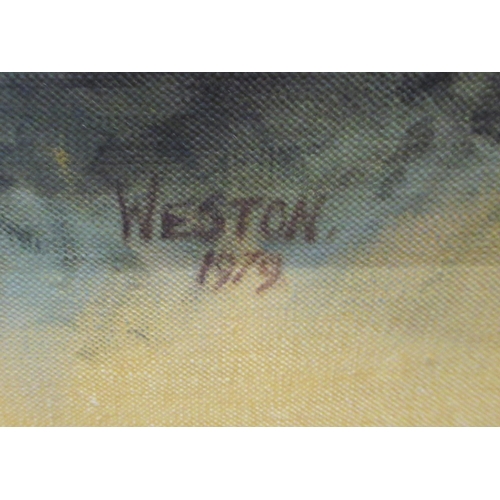 358 - Weston, oil on canvas, oval landscape with traction engine, to a yellow background with flower garla... 