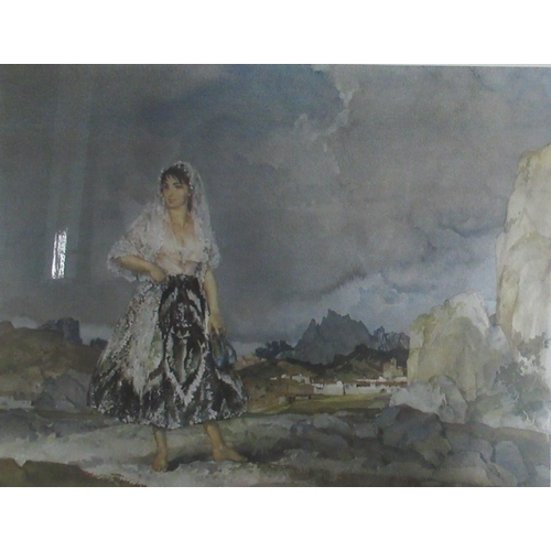 398 - William Russell Flint, two colour prints, girl standing in a landscape, 18ins x 23ins and girl on sw... 