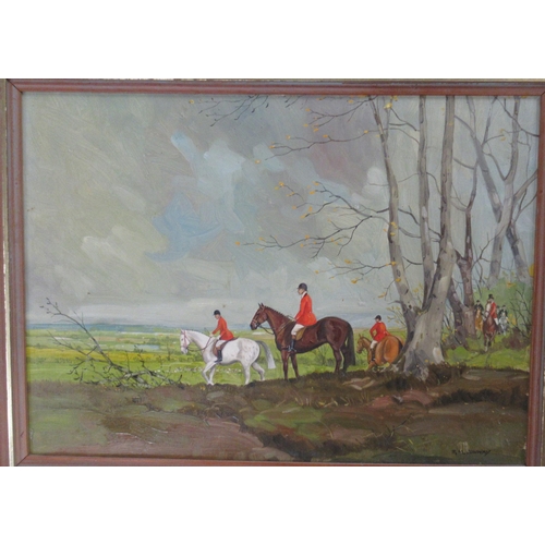 403 - B M Conway, oil on board, hunting scene, 13ins x 17.5ins, together with G W Graves, watercolour, phe... 