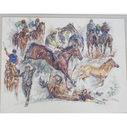 403 - B M Conway, oil on board, hunting scene, 13ins x 17.5ins, together with G W Graves, watercolour, phe... 