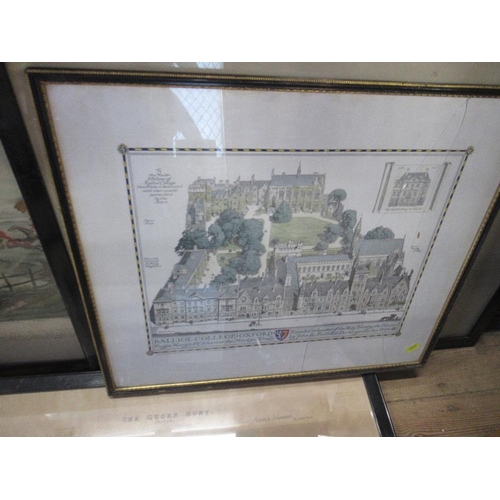 404 - Seven prints, Quorn Hunt after Ackerman 17ins x 22ins, together with a framed print of Balliol Colle... 