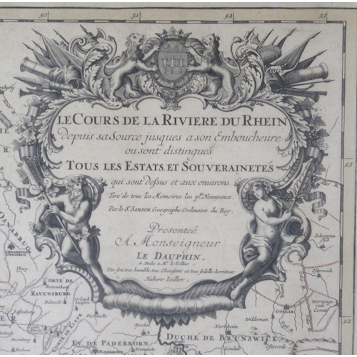 406 - An Antique French map, Le Cours de la Riviere du Rhein after Le Dauphin, 35ins x 23.5ins, together w... 