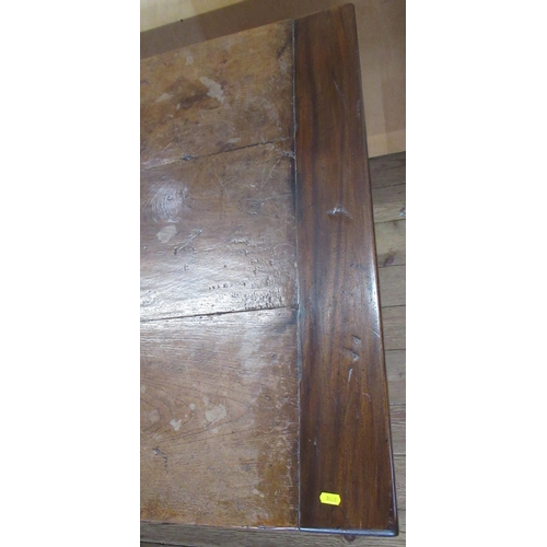 58 - A refectory style dining table, three plank top with cleated ends, on a metal scroll base, 87ins x 3... 