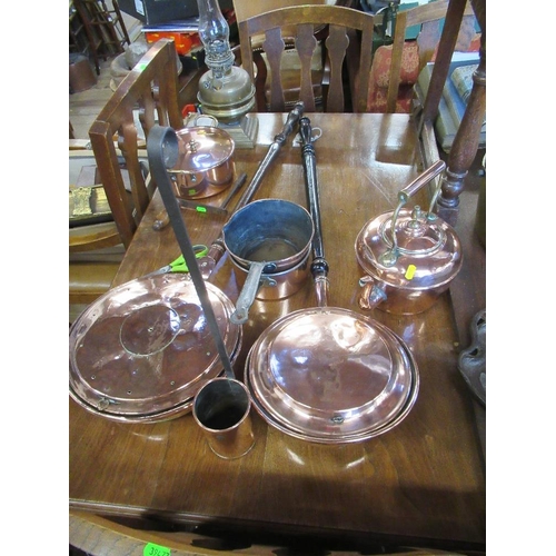 6 - A cooper kettle, two saucepans, two warming pans, a covered pot and cooper canister