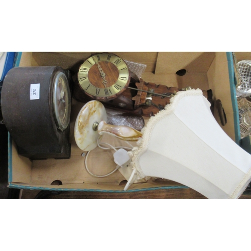 378 - A box of silver plated items, together with two clocks and a table lamp and a box of assorted items