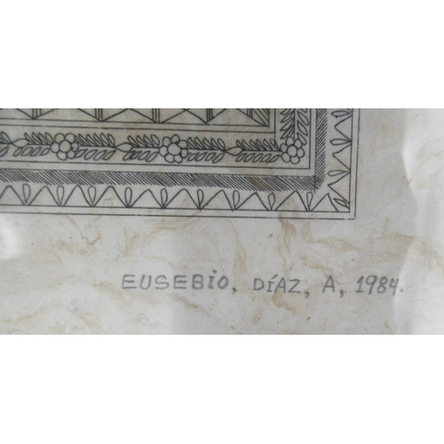 413 - Eusebio, Diaz, A 1984, limited edition etching, together with a frames silk rug sample