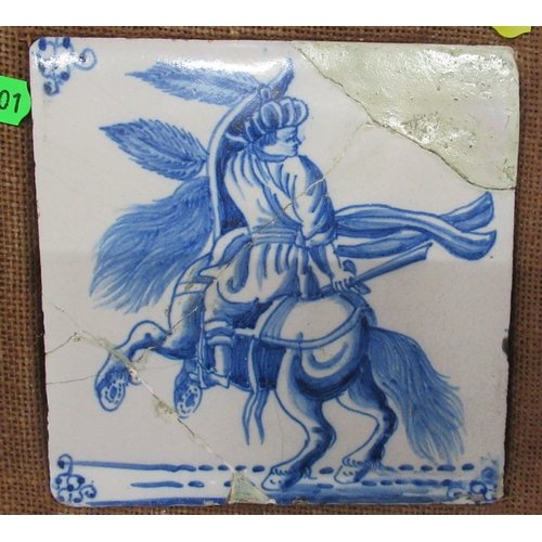 420 - Four framed Antique blue and white tiles, and another