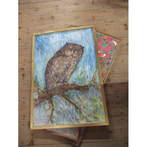 422 - Valerie Doksansky, coloured crayon, owl in a tree, 31ins x 21ins, together with two other prints