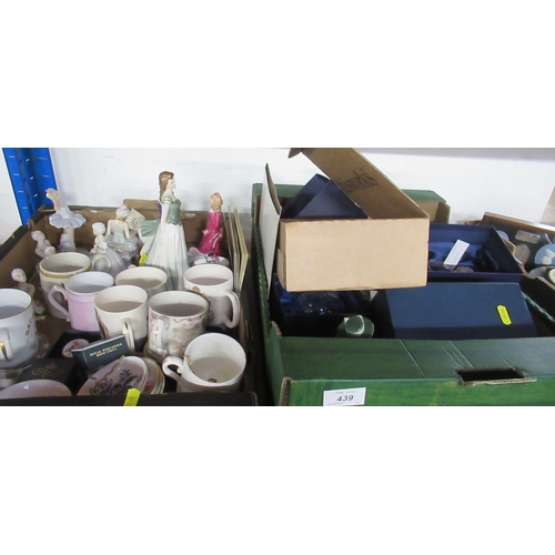 439 - Two boxes of assorted china, figures, mugs etc