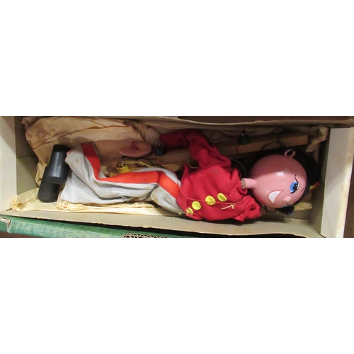 372 - A box of assorted flatware, glasses, pelham puppet etc