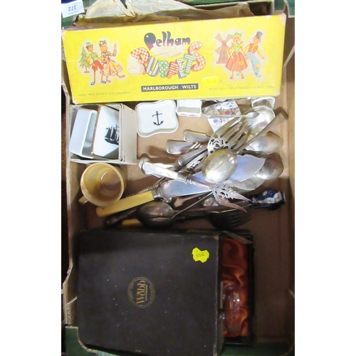 372 - A box of assorted flatware, glasses, pelham puppet etc