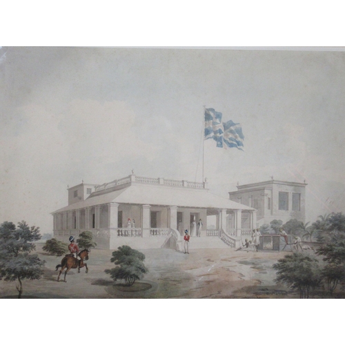 101 - A 19th century Colonial School watercolour, figures outside an Indian pavilion, with flag flying, 12... 