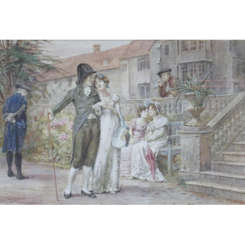 104 - George Goodwin Kilburn, pair of watercolours, The Betrothal and The New Arrival, figures in period d... 