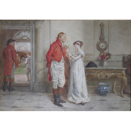 105 - George Goodwin Kilburn, watercolour, Good Luck to You, young lady presenting a huntsman in pink with... 