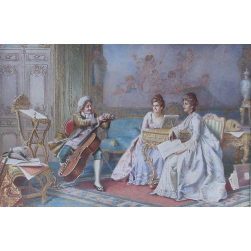 106 - R Moretti, watercolour, The Broken String, classical interior scene with two young girls with a cell... 